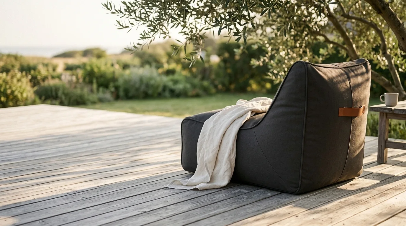 Charcoal ruusta lounge chair with linen throw on sunlit deck