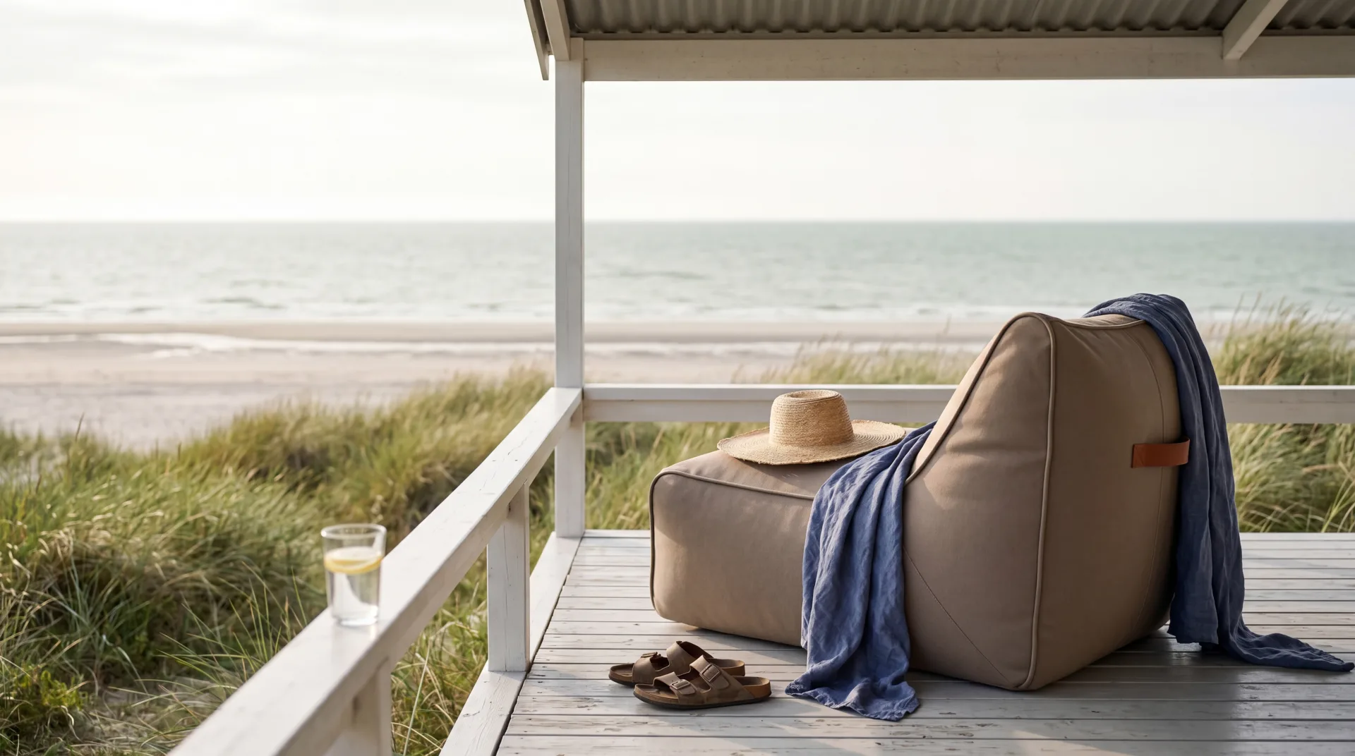 Sand-coloured ruusta lounge chair on beach house porch